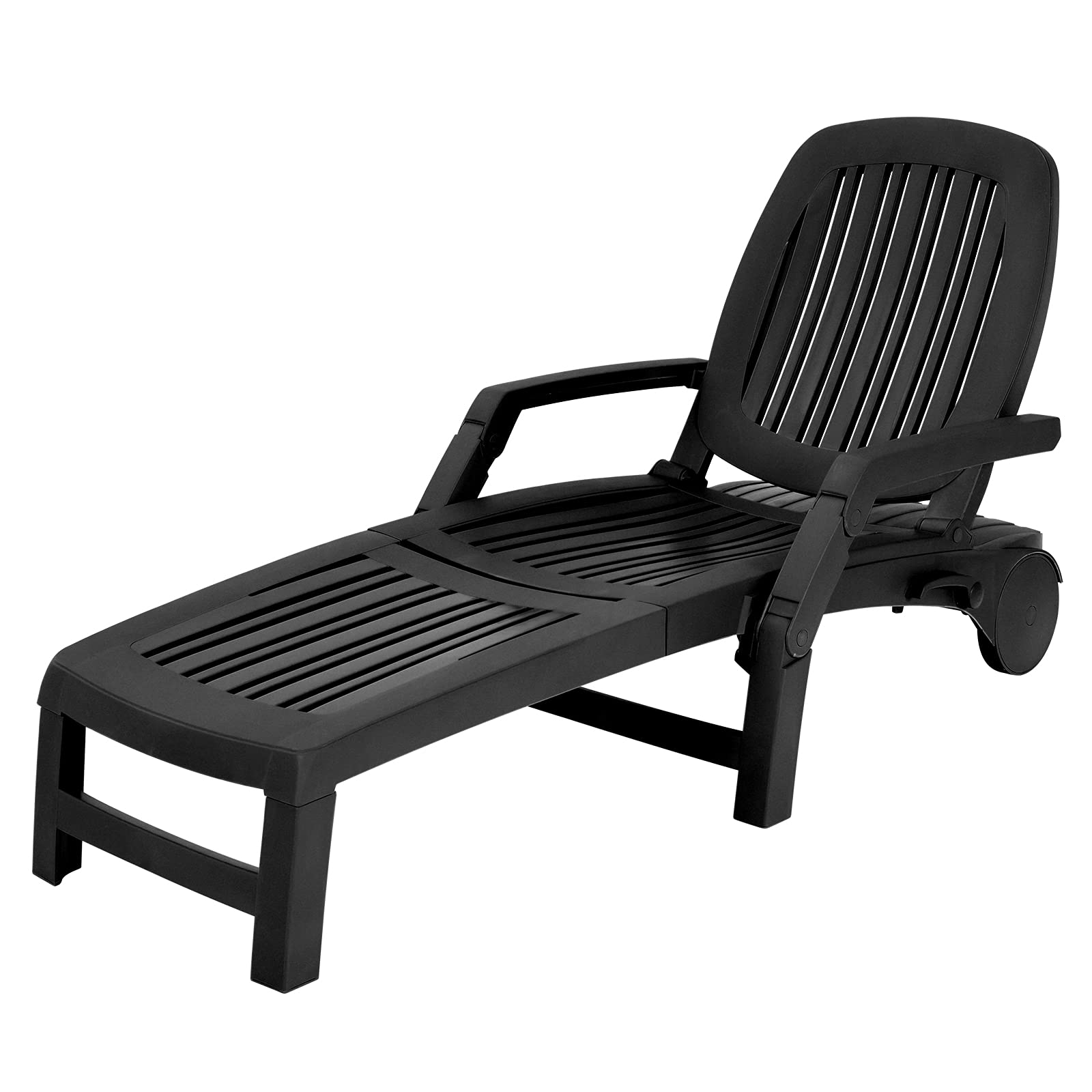 Chaise longue d'extérieur, transat inclinable à 5 positions avec coffre de rangement et roues flexibles